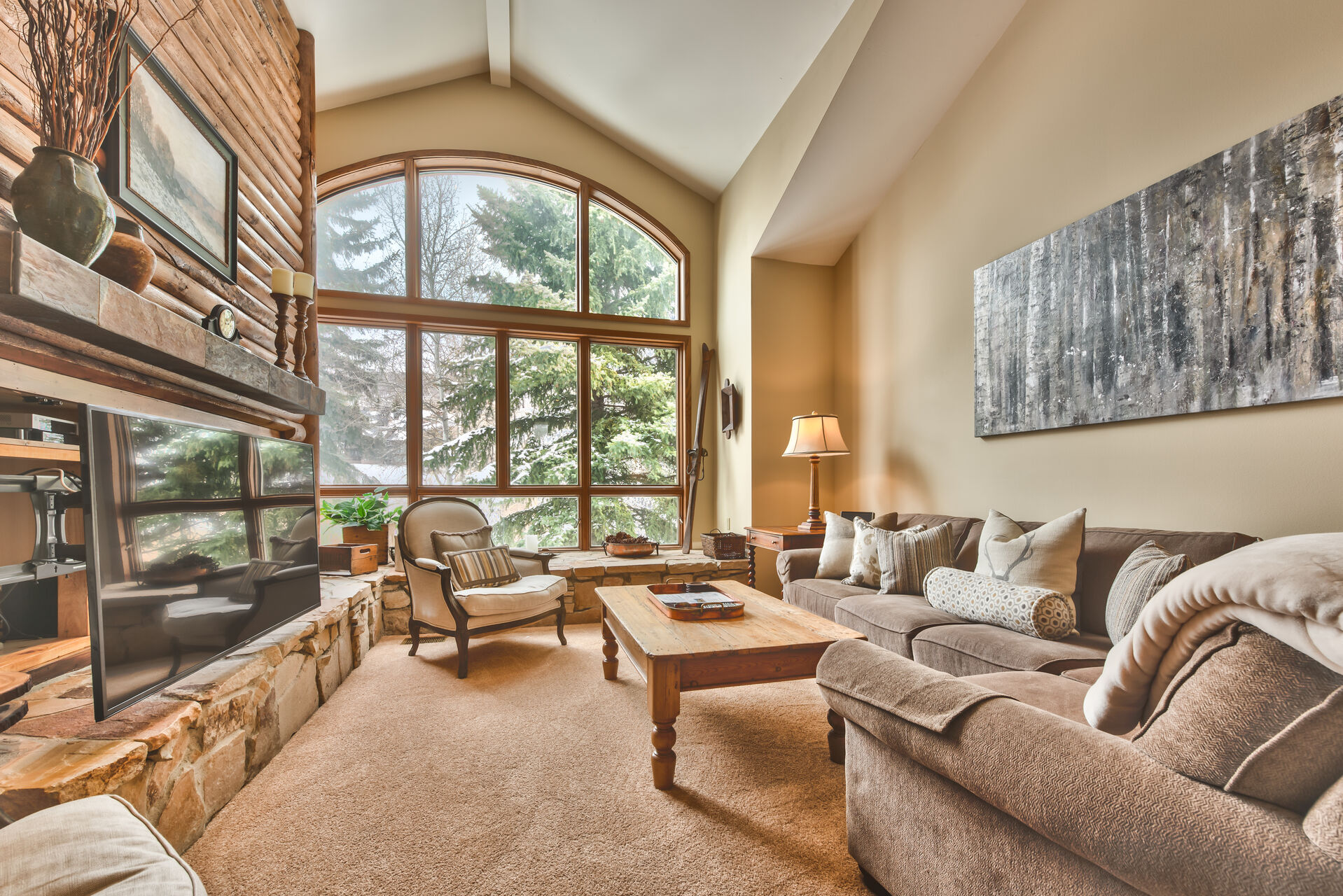 Living Room with Fireplace in Our Two Bedroom Deer Valley Condo Rentals.