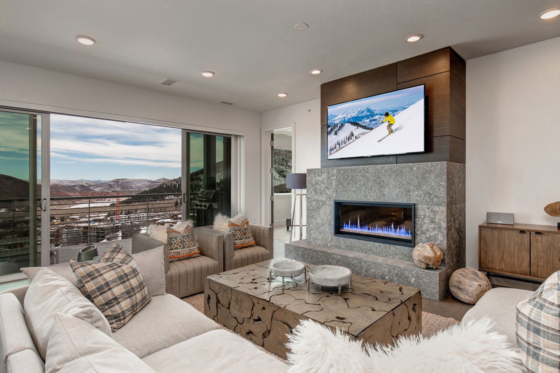 Living Room with Fireplace in One of Our Park City Vacation Rentals Ski In Ski Out.