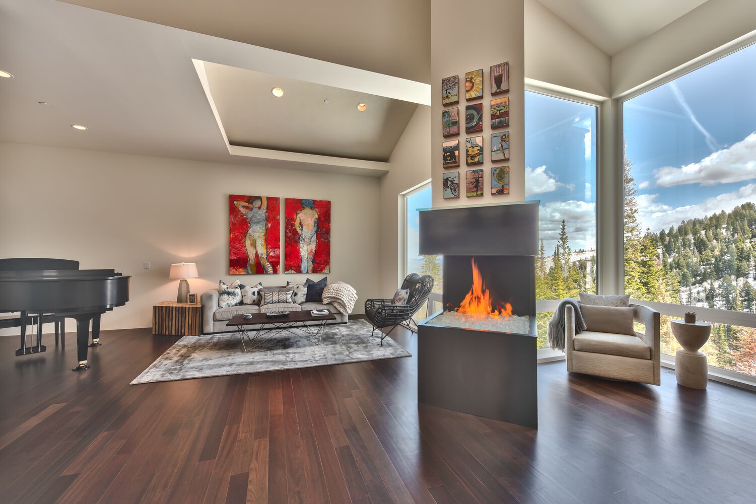 Living Room with Mountain Views and Fireplace in Our Deer Valley Lodging Rentals.