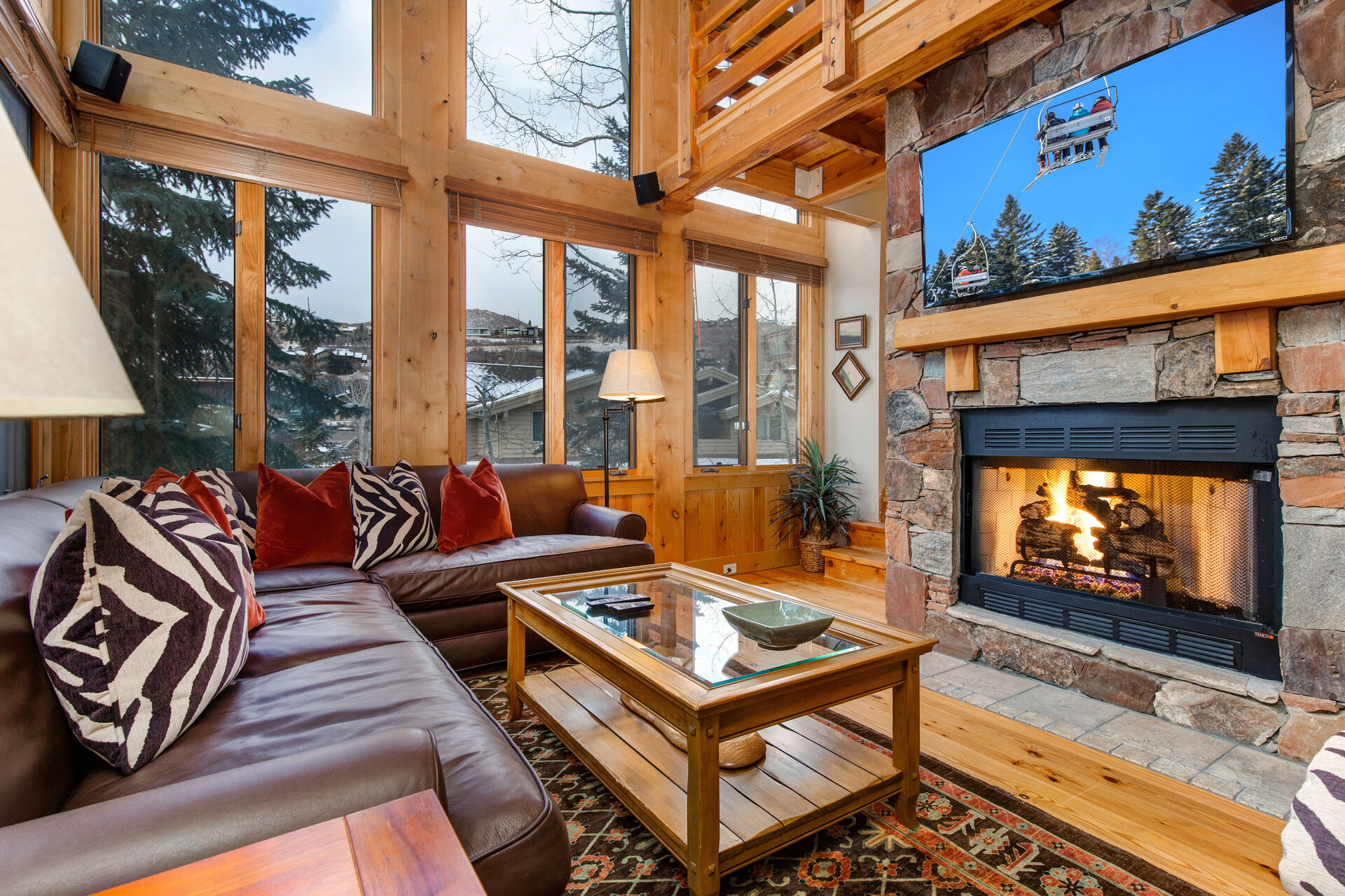 The Living Room with Mountains Views, and Fireplace in Our Deer Valley Rental.