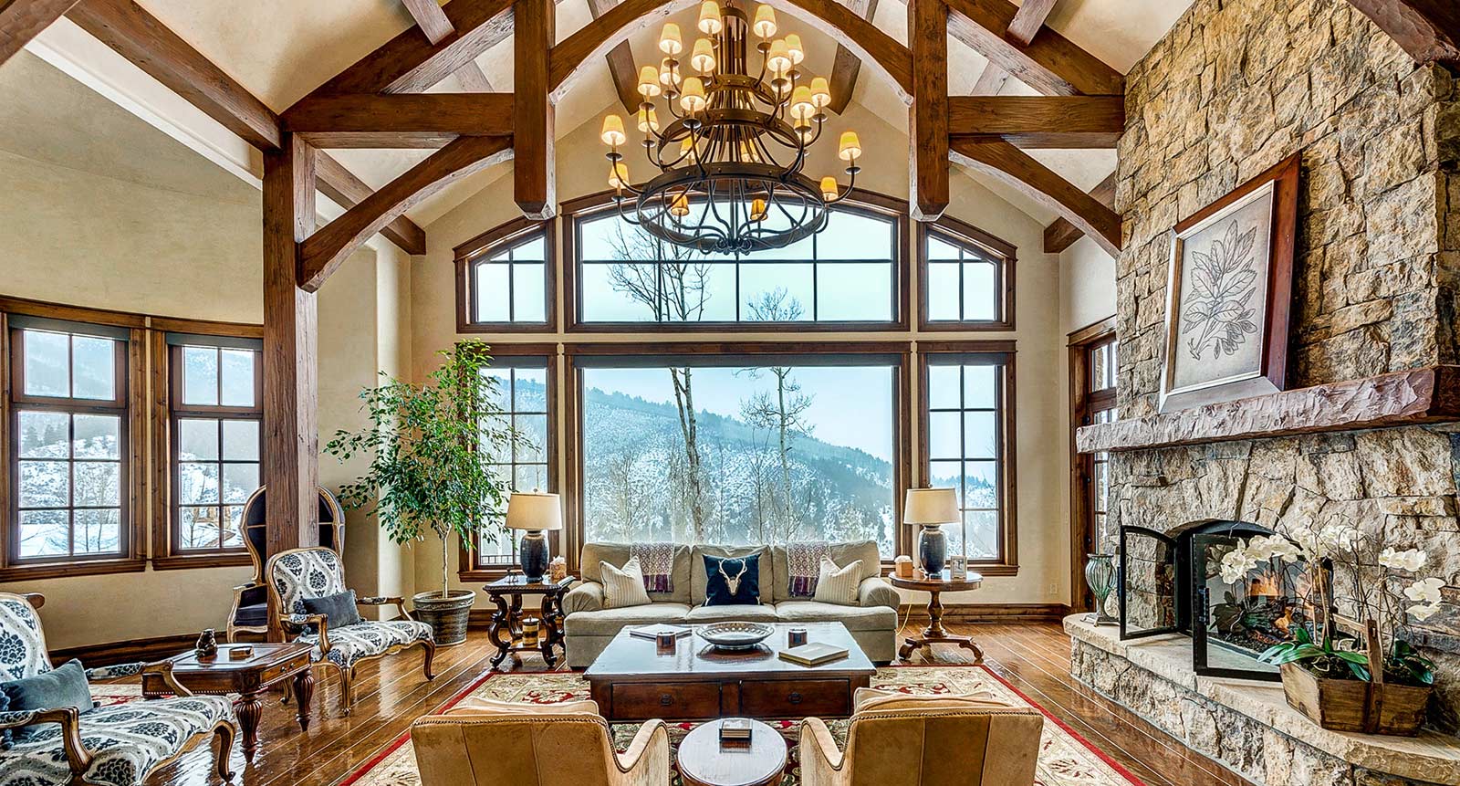 Mountain View Living Room with Fireplace in Our Lookout Deer Valley Home.
