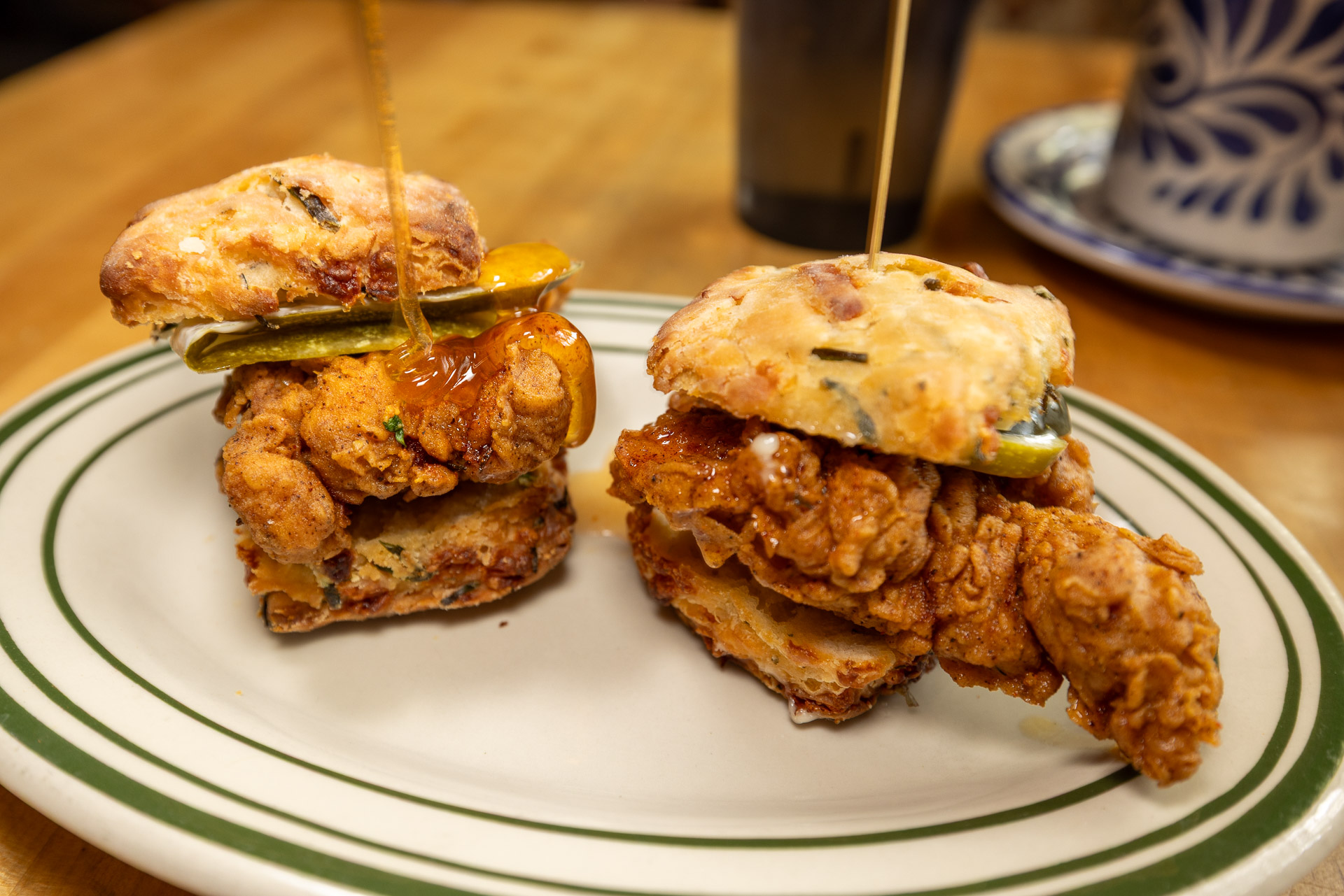 Country fried chicken, mayo, house pickles,hot honey, cheddar-chive biscuits.